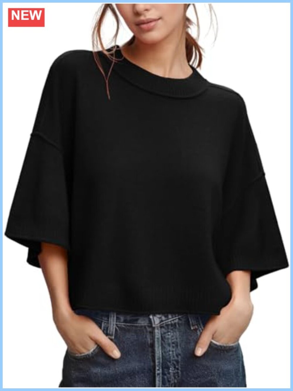Womens Oversized Cropped Knit Sweater 3/4 Sleeve Crew Neck Pullover Top